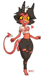  clothing female helluva_boss hi_res horn imp millie_(helluva_boss) navel possummachine red_body red_skin small_waist solo spade_tail tail torn_clothing wide_hips 