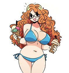  ass_visible_through_thighs bikini black-framed_eyewear blue_bikini body_freckles breasts commentary curly_hair curvy english_commentary female freckles glasses highres huge_breasts ice_cream_cone ida_(murgoten) long_hair mole mole_under_mouth murgoten navel open_mouth orange_hair original side-tie_bikini_bottom solid_oval_eyes solo standing swimsuit thigh_gap underwear underwear_only w_arms 