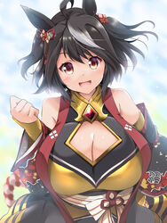  animal_ears black_hair breasts cleavage cleavage_cutout clothing_cutout female hair_ornament highres horse_ears horse_girl japanese_clothes kitasan_black_(umamusume) kouhaku_nawa kurokaze_no_sora large_breasts open_mouth red_eyes rope shimenawa short_hair sleeveless smile solo umamusume 