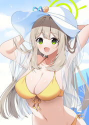  bikini blue_archive breasts cleavage commentary female front-tie_bikini_top front-tie_top green_eyes green_halo halo halterneck hat large_breasts light_brown_hair long_hair looking_at_viewer navel nonomi_(blue_archive) nonomi_(swimsuit)_(blue_archive) official_alternate_costume omuretsu open_clothes open_mouth side-tie_bikini_bottom smile solo standing sun_hat swimsuit swimsuit_cover-up tongue very_long_hair white_hat yellow_bikini 