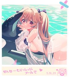  anchorage_(azur_lane) anchorage_(dolphins_and_swim_lessons)_(azur_lane) azur_lane bandaid black_ribbon border bottomless breasts check_translation closed_mouth dated female hair_between_eyes hair_ribbon heart highres inflatable_orca inflatable_toy large_breasts light_brown_hair lisa_(faeuna) lying official_alternate_costume on_stomach outside_border protected_link red_eyes red_nails ribbon see-through see-through_sleeves sideboob smile solo thighhighs translated translation_request water white_border white_thighhighs 