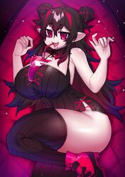  between_breasts black_hair blood breasts double_bun dress drinking_blood drinking_straw drinking_straw_in_mouth elizabeth_von_mountbatten_(osiimi) female hair_bun high_heels highres huge_breasts indie_virtual_youtuber long_hair looking_at_viewer multicolored_hair open_mouth original osiimi pointy_ears smile solo striped thick_thighs thighhighs thighs vampire vertical_stripes virtual_youtuber 