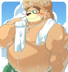  2020 anthro bear belly blush bodily_fluids brown_body brown_fur clothing eyewear fur glasses hat headgear headwear hi_res juniku_sushi kemono lifewonders male mammal moobs overweight overweight_anthro overweight_male solo straw_hat sweat tokyo_afterschool_summoners towel volos_(tas) yuuuki_desu 