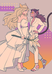  2girls absurdres adora_(she-ra) animal_ears bad_id bad_twitter_id blonde_hair breasts cat_ears cat_tail catra cleavage commentary couple dress english_commentary flower hand_on_own_hip high_heels highres jacket looking_at_another masters_of_the_universe multiple_girls ponytail she-ra she-ra_and_the_princesses_of_power simple_background suit_jacket tail takamizo tiara wedding_dress white_dress wife_and_wife yellow_headwear yuri 