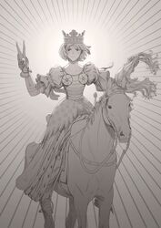  absurdres animal armor bad_id bad_twitter_id crown cutting_hair dress female greyscale highres holding holding_own_hair horse horseback_riding monochrome original puffy_short_sleeves puffy_sleeves riding scissors serious severed_hair short_hair short_sleeves solo three_quarter_view wass_nonnam 