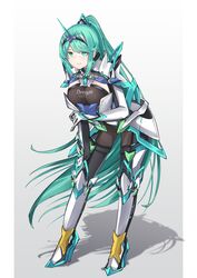  breasts chest_jewel female full_body green_eyes green_hair high_heels highres large_breasts leaning_forward long_hair looking_at_viewer pneuma_(xenoblade) ponytail sarasadou_dan smile solo spoilers standing swept_bangs very_long_hair xenoblade_chronicles_(series) xenoblade_chronicles_2 