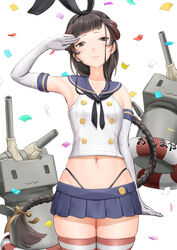  black_eyes black_hair black_hairband black_panties blue_skirt braid breasts brown_hair cosplay crop_top elbow_gloves female gloves gradient_hair hairband highleg highleg_panties kantai_collection kasu_(kasunohikari) long_braid long_hair microskirt multicolored_hair navel panties pleated_skirt rensouhou-chan salute shimakaze_(kancolle) shimakaze_(kancolle)_(cosplay) single_braid skirt small_breasts striped_clothes striped_thighhighs thighhighs thong underwear white_gloves yamashio_maru_(kancolle) 