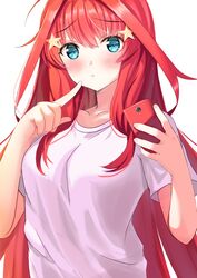  blue_eyes blush breasts cellphone commentary_request female go-toubun_no_hanayome hair_ornament hands_up highres holding holding_phone index_finger_raised long_hair looking_at_viewer md5_mismatch medium_breasts nakano_itsuki phone red_hair rei_(ilust9999) shirt short_sleeves simple_background solo star_(symbol) star_hair_ornament t-shirt white_background white_shirt 