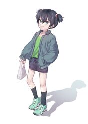  bag black_hair black_shorts black_socks female full_body green_footwear green_shirt grey_jacket hair_between_eyes hand_in_pocket holding holding_bag jacket milime_tol odd_taxi shadow shirt short_twintails shorts socks solo spoilers standing twintails wadagaki_sakura 