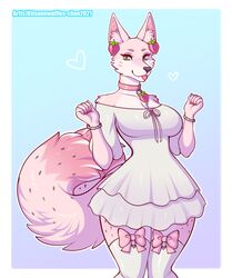  2021 anthro black_nose breasts canid canine clothed clothing collar dated digital_media_(artwork) dress female food footwear fox fruit fully_clothed fur heart_symbol inner_ear_fluff kitsunewaffles-chan legwear mammal pink_body pink_bow pink_collar pink_fur pink_inner_ear_fluff plant portrait shaded signature simple_background socks solo standing strawberry thigh_highs thigh_socks three-quarter_portrait tuft white_clothing white_dress white_footwear white_legwear white_socks white_thigh_highs white_thigh_socks 