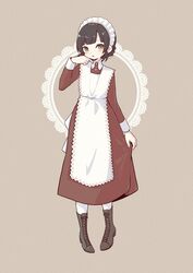  alternate_costume apron blunt_bangs boots braid brown_dress brown_eyes brown_footwear brown_hair cocax_x cross-laced_footwear double_bun dress enmaided female frilled_apron frills full_body hair_bun highres kantai_collection lace-up_boots long_hair looking_at_viewer maid maid_headdress solo standing twin_braids un&#039;you_(kancolle) white_apron yawata_maru_(kancolle) 