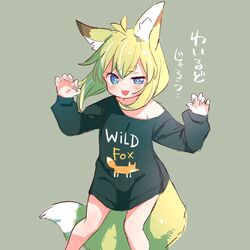  :d animal_ears babalilo babalilo_(babalilo) bad_id bad_twitter_id black_sweater blue_eyes female fox_ears fox_girl fox_tail green_background green_hair highres inactive_account long_sleeves looking_at_viewer medium_hair open_mouth original simple_background smile solo sweater tail thick_eyebrows 