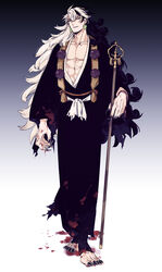  1boy ashiya_douman_(fate) ashiya_douman_(second_ascension)_(fate) asymmetrical_hair bell black_eyes black_hair commentary_request curly_hair earrings fate/grand_order fate_(series) fingernails hair_bell hair_between_eyes hair_intakes hair_ornament highres japanese_clothes jewelry kimono long_hair magatama magatama_earrings male_focus matsuno_(mat8k) multicolored_hair sharp_fingernails two-tone_hair very_long_fingernails very_long_hair white_hair 