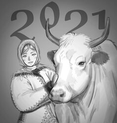  2021 absurdres bad_id bad_twitter_id blush chinese_zodiac female grey_background greyscale highres looking_at_viewer mittens monochrome original parted_lips smile solo upper_body wass_nonnam year_of_the_ox 