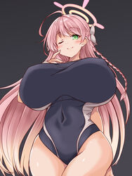  ;) absurdres ahoge black_background black_one-piece_swimsuit blonde_hair blue_archive blush bow braid breasts bright_pupils closed_mouth commentary_request competition_school_swimsuit covered_nipples cowboy_shot curvy female finger_to_cheek gradient_hair green_eyes groin hairbow halo hanako_(blue_archive) hand_up highres huge_breasts kurokaze_no_sora long_hair looking_at_viewer multicolored_hair one-piece_swimsuit one_eye_closed parted_bangs pink_hair pink_halo school_swimsuit side_braid simple_background single_braid sitting smile solo standing straight_hair swimsuit taut_clothes thighs trinity_general_school_swimsuit very_long_hair white_bow wide_hips yellow_halo 