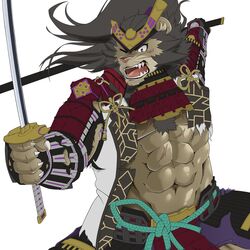  1:1 abs anthro armor broken_armor felid hair hi_res homohomofever katana lifewonders lion live_a_hero male mammal melee_weapon muscular muscular_anthro muscular_male navel pantherine ponytail samurai solo sword toshu warrior weapon 