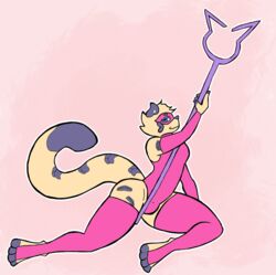  anthro blue_eyes breasts bulge clothed clothing cremacat digital_drawing_(artwork) digital_media_(artwork) felid flat_colors fully_clothed fur gynomorph intersex jaguar legwear looking_at_viewer lying mammal pantherine simple_background solo staff thigh_highs yellow_body yellow_fur 