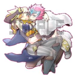  2girls armpits blush breasts dated ejami elbow_gloves facial_mark foot_out_of_frame gloves league_of_legends looking_at_viewer multiple_girls pink_hair quinn_(league_of_legends) sample_watermark short_hair signature simple_background watermark white_background 