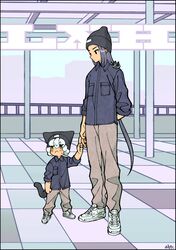  2boys absurdres abyff14 beanie black_hair black_headwear black_shirt black_tail blush brown_pants cat_boy cat_tail green_eyes hat height_difference highres indoors lolicon long_hair long_sleeves luo_xiaohei luo_xiaohei_(human) luo_xiaohei_zhanji matching_outfits multiple_boys pants shirt shoes short_hair standing tail white_footwear white_hair wide_shot wuxian_(the_legend_of_luoxiaohei) 