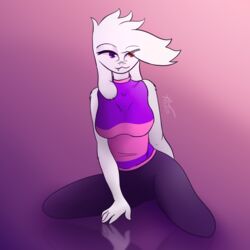  1:1 anthro bottomwear bovid breasts caprine clothed clothing eye_through_hair female fur goat hair heterochromia hi_res kara kneeling looking_at_viewer mammal moonkarpo pants purple_eyes red_eyes reflection shirt signature simple_background smile topwear translucent translucent_hair white_body white_fur 