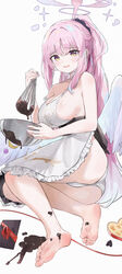  absurdres alternate_costume angel_wings apron ass barefoot blue_archive blush breasts chocolate chocolate_on_body cleavage collarbone feathered_wings feet female food_on_body food_on_foot foot_focus foreshortening frilled_apron frills halo highres jsscj large_breasts legs long_hair looking_at_viewer mika_(blue_archive) open_mouth panties pink_hair pink_halo sideboob simple_background soles solo toenails toes underwear whisk white_apron white_background white_panties white_wings wings yellow_eyes 