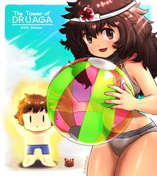  1boy 2023 black_hair chibi circlet closed_mouth cloud crab druaga_no_tou female gilgamesh_(druaga) highres kainan ki_(druaga) long_hair looking_at_viewer navel nipples open_mouth smile swimsuit 