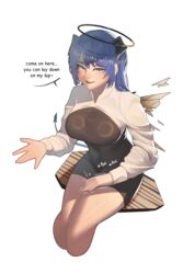  absurdres alternate_costume arknights blue_eyes blue_hair breasts cropped_legs detached_wings english_text female halo highres large_breasts long_hair long_sleeves looking_at_viewer mostima_(arknights) najashi open_mouth simple_background solo speech_bubble white_background wings 