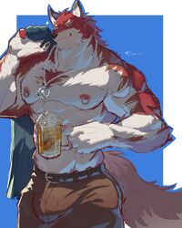  1boy abs absurdres alcohol animal_ears bara beer beer_mug blue_shirt brown_pants bulge chinese_commentary commentary_request cup dated diederich_olsen_(knight&#039;s_college) drink furry furry_male highres holding holding_clothes holding_cup holding_drink holding_shirt jewelry knights_college lan_uxn looking_at_viewer male_focus mug muscular muscular_male necklace nipple_piercing nipple_rings pants pawpads pectorals piercing shirt signature smile sparkle tail topless_male wolf_boy wolf_ears wolf_tail 