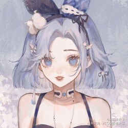  animal_ear_hairband animal_ears bare_arms black_hairband black_ribbon black_tank_top blue_background blue_eyes blue_hair blunt_ends chinese_commentary choker commentary_request ear_ribbon expressionless eyelashes fake_animal_ears female floral_background flower hair_ornament hair_ribbon hairband jewelry light_blush lily_(flower) lipstick makeup mascara mismatched_animal_ear_colors necklace original parted_lips rabbit_ear_hairband rabbit_ears red_lips ribbon ribbon_trim short_hair snowman_hair_ornament solo spaghetti_strap star_(symbol) star_hair_ornament tank_top tassel tassel_hair_ornament upper_body watermark weibo_logo weibo_watermark white_flower wing_hair_ornament xi_guapi 