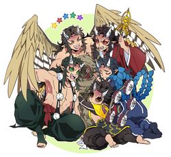  6+boys ^_^ aizetsu_(kimetsu_no_yaiba) angry animal_hands annoyed asymmetrical_clothes bald barefoot bird_boy black_hair black_pants blue_hair blue_pants boulder brown_hair closed_eyes colored_sclera crying demon_boy earrings expressionless fangs feathered_wings group_hug hantengu_(kimetsu_no_yaiba) happy holding holding_staff horns hug japanese_clothes jewelry karaku_(kimetsu_no_yaiba) kimetsu_no_yaiba kimono knee_up kneeling knees_up long_hair long_sleeves looking_at_another male_focus mini_person miniboy multicolored_wings multiple_boys no_shoes old old_man oni open_mouth pants plant pointy_ears pom_pom_(clothes) red_kimono red_sclera sekido_(kimetsu_no_yaiba) shakujou sitting smile socks spiked_hair staff star_(symbol) string_wings tassel tassel_earrings text_in_eyes toeless_legwear topless_male ungungzza urogi_(kimetsu_no_yaiba) veins vines white_background wings yellow_eyes yellow_wings yuigesa zohakuten_(kimetsu_no_yaiba) 