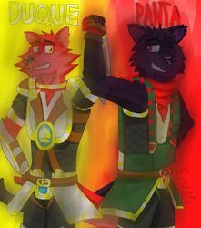  anthro armor armor_plates armored_vehicle bandana black_body black_fur black_nose black_snout canid canine canis dingo duo duquedingo_(character) duqueofdingos felid fur glowing gold_(metal) hair kerchief male mammal panta_strike_the_pyrotechnician pantherine red_background red_bandanna red_body red_eyes red_fur red_hair red_kerchief simple_background smile yellow_background yellow_eyes 