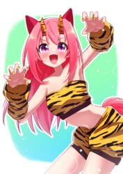  :d absurdres alternate_hairstyle animal_ears armpits claw_pose commentary_request cosplay ear_covers fake_horns female flower_in_eye freely2327 hair_down haru_urara_(umamusume) highres horns horse_ears horse_girl horse_tail long_hair looking_at_viewer midriff oerba_yun_fang oni_costume pink_hair purple_eyes sakura_laurel_(oni_laurel)_(umamusume) sakura_laurel_(umamusume) sakura_laurel_(umamusume)_(cosplay) smile solo symbol_in_eye tail umamusume umamusume:_star_blossom 