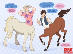  4:3 animal_genitalia ass barely_visible_genitalia barely_visible_sheath blonde_hair brown_body brown_fur brown_hair brush brushing brushing_hair button_down_shirt centaur clothed clothed_taur clothing dialogue duo english_text equid equid_taur equine equine_taur european_mythology floral_shirt frankly-art fully_sheathed fur genitals great_pretender greek_mythology hair hooves human_torso humanoid humanoid_taur laurent_thierry_(great_pretender) looking_back_at_self makoto_edamura_(great_pretender) male mammal mammal_taur midriff mythology ogling partially_clothed personal_grooming sheath styling_hair surprise_transformation tail taur text topwear transformation vest yellow_body yellow_fur 