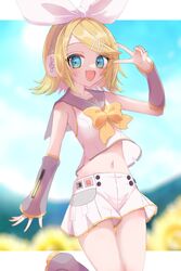  aqua_eyes arm_warmers bare_shoulders blonde_hair blue_sky blurry blurry_background blush bow collarbone detached_sleeves female flat_chest fortissimo grey_leg_warmers grey_sailor_collar grey_sleeves hair_ornament hairbow hairclip headphones highres kagamine_rin kagamine_rin_(vocaloid4) leg_up leg_warmers looking_at_viewer midriff narrow_waist navel neckerchief nnc225 oerba_yun_fang open_mouth pale_skin piano_print pleated_shorts sailor_collar see-through see-through_sleeves shirt shirt_bow skin_fang skinny sky sleeveless sleeveless_shirt smile solo treble_clef v v4x vocaloid white_bow white_shirt yellow_bow yellow_nails yellow_neckerchief 