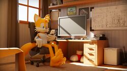  16:9 3d_(artwork) 4k 5_toes absurd_res anthro barefoot book canid canine cellphone chair clothing computer desk digital_media_(artwork) electronics feet feetymcfoot flat_screen fox furniture gloves handwear hi_res humanoid_feet male male_feet mammal office_chair phone plantigrade sega shoes_removed sitting solo sonic_the_hedgehog_(series) table tails toes whiteboard widescreen 