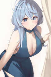  absurdres ako_(blue_archive) ako_(dress)_(blue_archive) black_hairband blue_archive blue_dress blue_eyes blue_hair blue_halo blush breasts closed_mouth cowboy_shot cuffs dress female hair_between_eyes hairband halo handcuffs highres hitori_yui large_breasts long_hair official_alternate_costume plunging_neckline signature sleeveless sleeveless_dress solo 