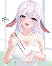  absurdres animal_ears aogiri_koukou apron artist_logo blue_eyes blush bora_(karasumin0) breasts chopsticks cleavage collarbone dated female highres holding holding_chopsticks long_hair lop_rabbit_ears naked_apron open_mouth rabbit_ears rice solo upper_body virtual_youtuber white_hair yamaguro_nekuro 