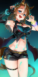  absurdres animal_ears armpits black_gloves blue_eyes bracelet breasts brown_hair ear_ornament elbow_gloves eltir fangs female fingerless_gloves gloves glowing gradient_background hair_between_eyes hands_up highres horns horse_ears horse_girl horse_tail jewelry long_hair looking_at_viewer mejiro_palmer_(devil_in_the_moonlight)_(umamusume) mejiro_palmer_(umamusume) midriff nail_polish navel official_alternate_costume official_alternate_hairstyle open_mouth single_elbow_glove single_glove smile solo stomach tail umamusume 