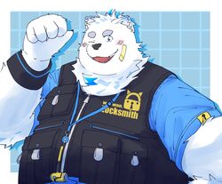  2024 absurd_res anthro band-aid bandage bari_mu black_nose blush canid canine canis clothing domestic_dog fur hi_res humanoid_hands kemono lifewonders live_a_hero male mammal overweight overweight_male shirt solo topwear white_body white_fur yohack 