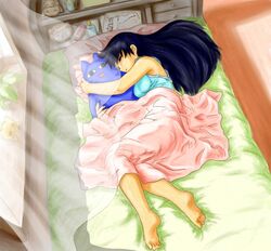  alarm_clock azumanga_daiou bare_shoulders barefoot bed bedroom black_hair blanket blue_tank_top breasts chunpai clock closed_eyes commentary curled_up curtains drawer feet female from_above full_body hair_spread_out hugging_object long_hair lying medium_breasts mihama_chiyo&#039;s_father nekokoneko on_bed on_side pillow plant potted_plant sakaki_(azumanga_daioh) sleeping sleeveless soles solo stuffed_animal stuffed_cat stuffed_toy tank_top toes very_long_hair wind window windowsill 