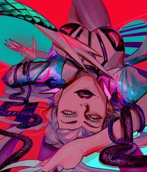  aqua_eyeshadow arm_above_head arm_at_side between_breasts black_choker black_lips black_snake black_thighhighs blue_jacket breasts choker claw_(weapon) cone_hair_bun cowboy_shot cropped_jacket crossed_legs demon demon_girl diamond_earrings drop_earrings earrings evelynn_(league_of_legends) eyeshadow female hair_bun highres jacket jewelry k/da_all_out_evelynn large_breasts lashers league_of_legends long_hair looking_at_viewer lying makeup on_back open_clothes open_jacket parted_lips red_background revealing_clothes scales slit_pupils snake solo strap_between_breasts the_diva thighhighs upside-down weapon white_hair yellow_eyes z6ixen 