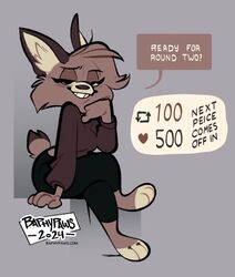  2024 american_bobtail baphypaws bobbi_(baphypaws) bobtail_cat clothed clothing dialogue domestic_cat felid feline felis female fully_clothed looking_at_viewer mammal signature simple_background smile smirk solo strip_game tail text 