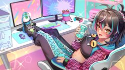  antenna_hair aqua_hair black_footwear black_hair black_pants blue_jacket blurry blurry_background blush breasts chair commission computer computer_keyboard computer_mouse controller crop_top cup dark-skinned_female dark_skin earrings feet_on_table female game_controller gaming_chair highres holding holding_cup indie_virtual_youtuber jacket jewelry jirafuru midriff monitor multicolored_clothes multicolored_footwear multicolored_hair multicolored_jacket multicolored_pants navel neon_harper neon_harper_(1st_costume) on_chair open_mouth pants pink_hair pink_jacket pink_sleeves shoes sitting solo streaked_hair swivel_chair virtual_youtuber yellow_eyes 