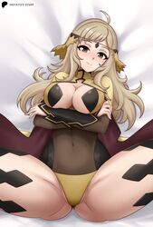  absurdres ahoge black_bridal_gauntlets blush bodystocking breasts bridal_gauntlets circlet closed_mouth crossed_arms female fire_emblem fire_emblem_fates gold_cape grey_eyes hayato_stuff highres hip_armor large_breasts looking_at_viewer lying on_back on_bed ophelia_(fire_emblem) panties smile solo spread_legs thick_thighs thighs underwear yellow_panties 