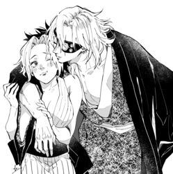  1boy and_rira arm_around_neck breasts closed_eyes couple cowboy_shot crystal earrings eyepatch female greyscale hands_on_another&#039;s_arm haori husband_and_wife imminent_kiss japanese_clothes jewelry kimetsu_no_yaiba kimono large_breasts leaning_on_person long_sleeves looking_at_another makio_(kimetsu_no_yaiba) monochrome multicolored_hair obi one_eye_closed one_eye_covered pectorals sash short_hair sleeveless sleeveless_kimono smile straight two-tone_hair uzui_tengen 