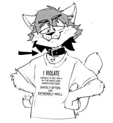  anthro clothed clothing collar domestic_cat english_text eyebrow_through_hair eyebrows fangs felid feline felis fur hair male mammal meme meme_clothing monochrome oddly_specific_shirts_(meme) pat_(rabbitpatches) rabbitpatches shirt smile solo tail teeth text text_on_clothing text_on_shirt text_on_topwear topwear translucent translucent_hair 