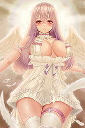  absurdres angel angel_wings aogiri_koukou artist_logo bora_(karasumin0) bow breasts choker cleavage_cutout closed_mouth clothing_cutout cloud cloudy_sky collarbone dress feathered_wings feathers female fishnet_sleeves fishnets gabu_rielu heart heart-shaped_pupils heart_choker highres large_breasts long_hair pink_eyes pink_hair pleated_skirt skirt skirt_under_dress sky smile solo symbol-shaped_pupils thigh_strap thighhighs tiara virtual_youtuber white_bow white_dress white_feathers white_skirt white_thighhighs white_wings wings 