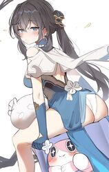  ass bare_legs black_hair blue_dress blue_eyes blue_gloves blush breasts closed_mouth critter_pick_(honkai:_star_rail) dress earrings female from_behind gloves hair_between_eyes highres honkai:_star_rail honkai_(series) jewelry long_hair looking_at_viewer looking_back march_7th_(honkai:_star_rail) march_7th_(ice_cake)_(honkai:_star_rail) medium_breasts orobou panties ponytail ruan_mei_(honkai:_star_rail) sitting solo underwear very_long_hair white_panties 