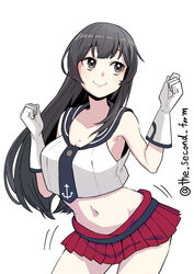  absurdres agano_(kancolle) black_hair breasts cleavage clenched_hands contrapposto female gloves grey_eyes highres kantai_collection large_breasts long_hair looking_to_the_side midriff navel necktie one-hour_drawing_challenge pleated_skirt red_skirt school_uniform serafuku simple_background skirt smile solo the_second_form twitter_username white_background white_gloves 