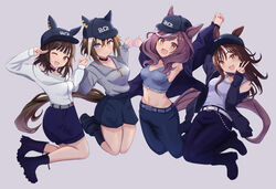  4girls absurdres alternate_costume animal_ears armpits blue_eyes blush boc&#039;z_(umamusume) boots breasts brown_eyes brown_hair cheval_grand_(boc&#039;z)_(umamusume) cheval_grand_(umamusume) cleavage closed_mouth commentary_request filkia grey_hair hair_between_eyes hair_ornament hat heart heart_hands heart_hands_duo highres holding_hands horse_ears horse_girl jacket jumping long_hair looking_at_viewer matikane_tannhauser_(boc&#039;z)_(umamusume) matikane_tannhauser_(umamusume) medium_breasts midriff multiple_girls natsuyoshi_yuuko navel real_life shorts simple_background toono_hikaru umamusume v voice_actor voice_actor_connection 